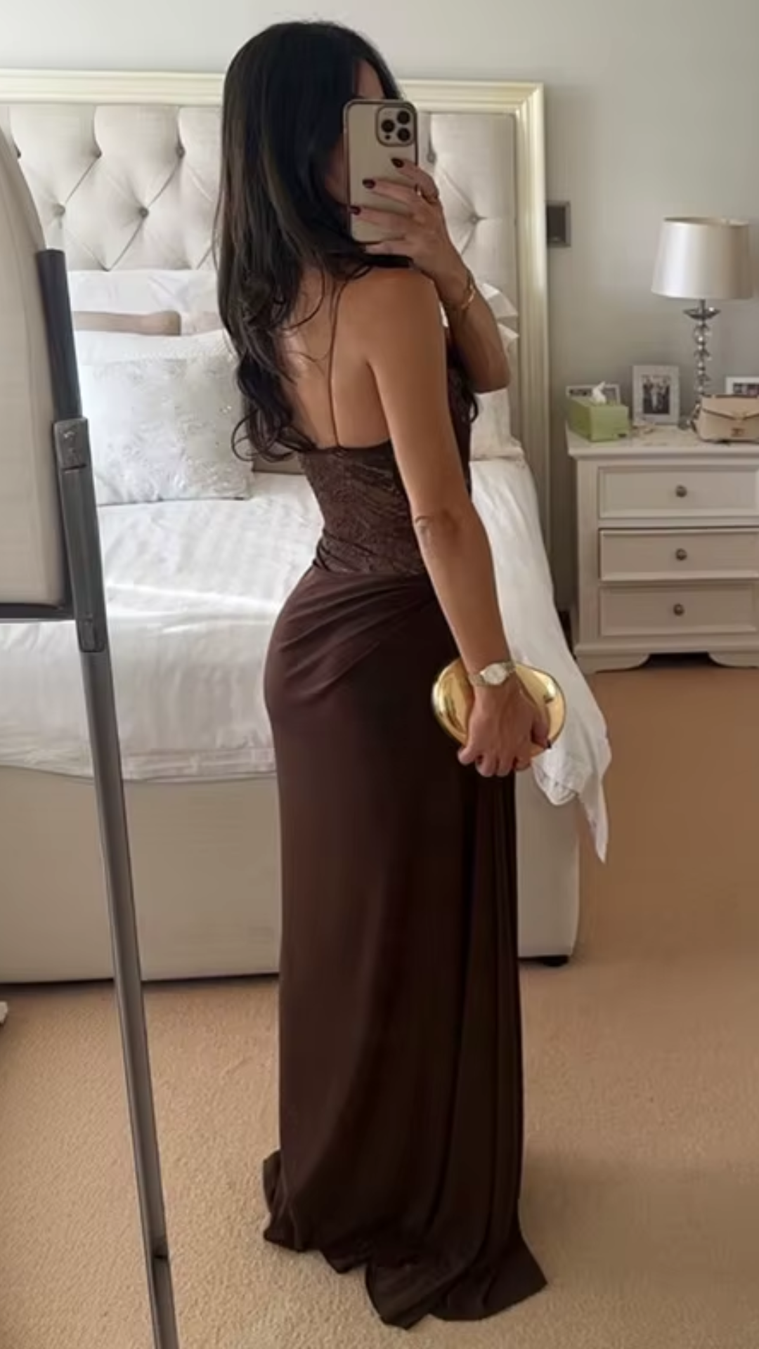 One Shoulder Brown Lace See-Through Backless