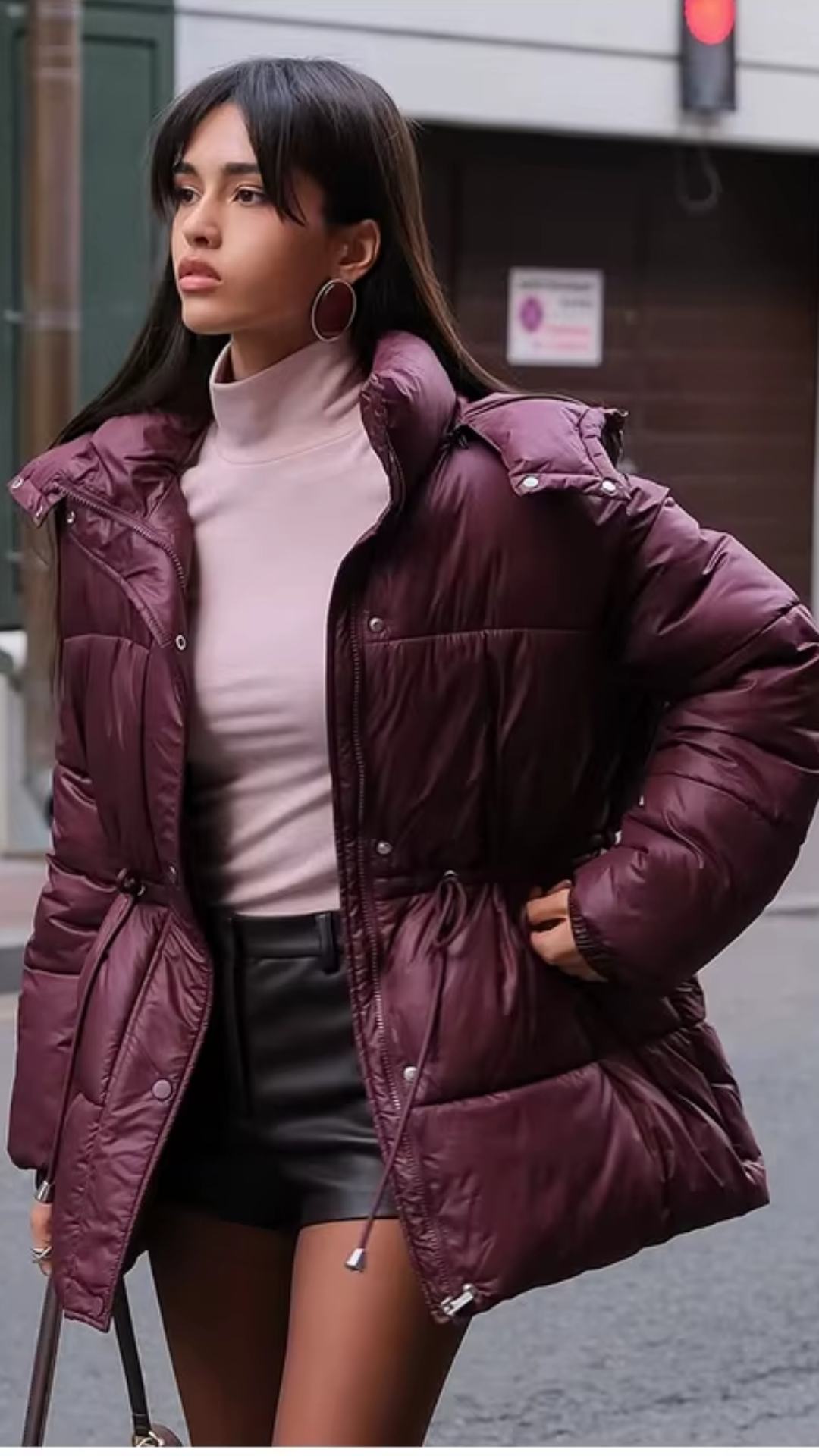 Glossy Hooded Waist-Cinching Puffer