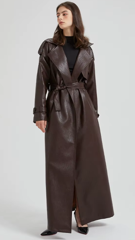 Long Faux Leather Trench Coat