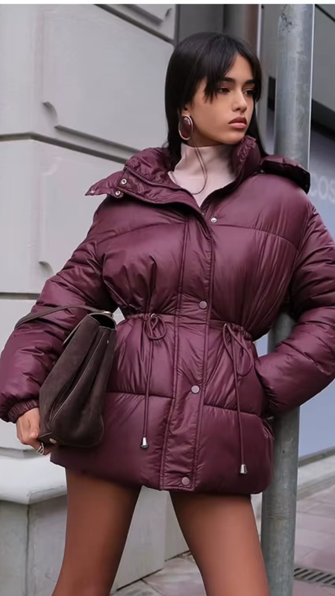 Glossy Hooded Waist-Cinching Puffer