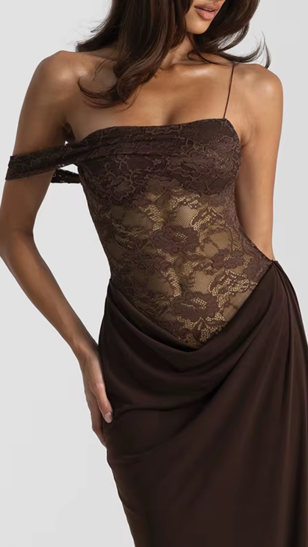 One Shoulder Brown Lace See-Through Backless