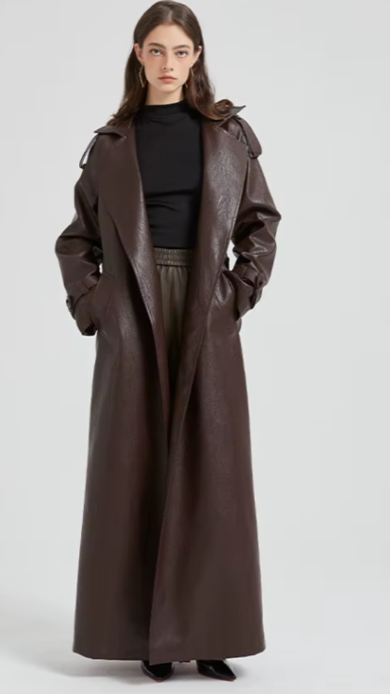 Long Faux Leather Trench Coat
