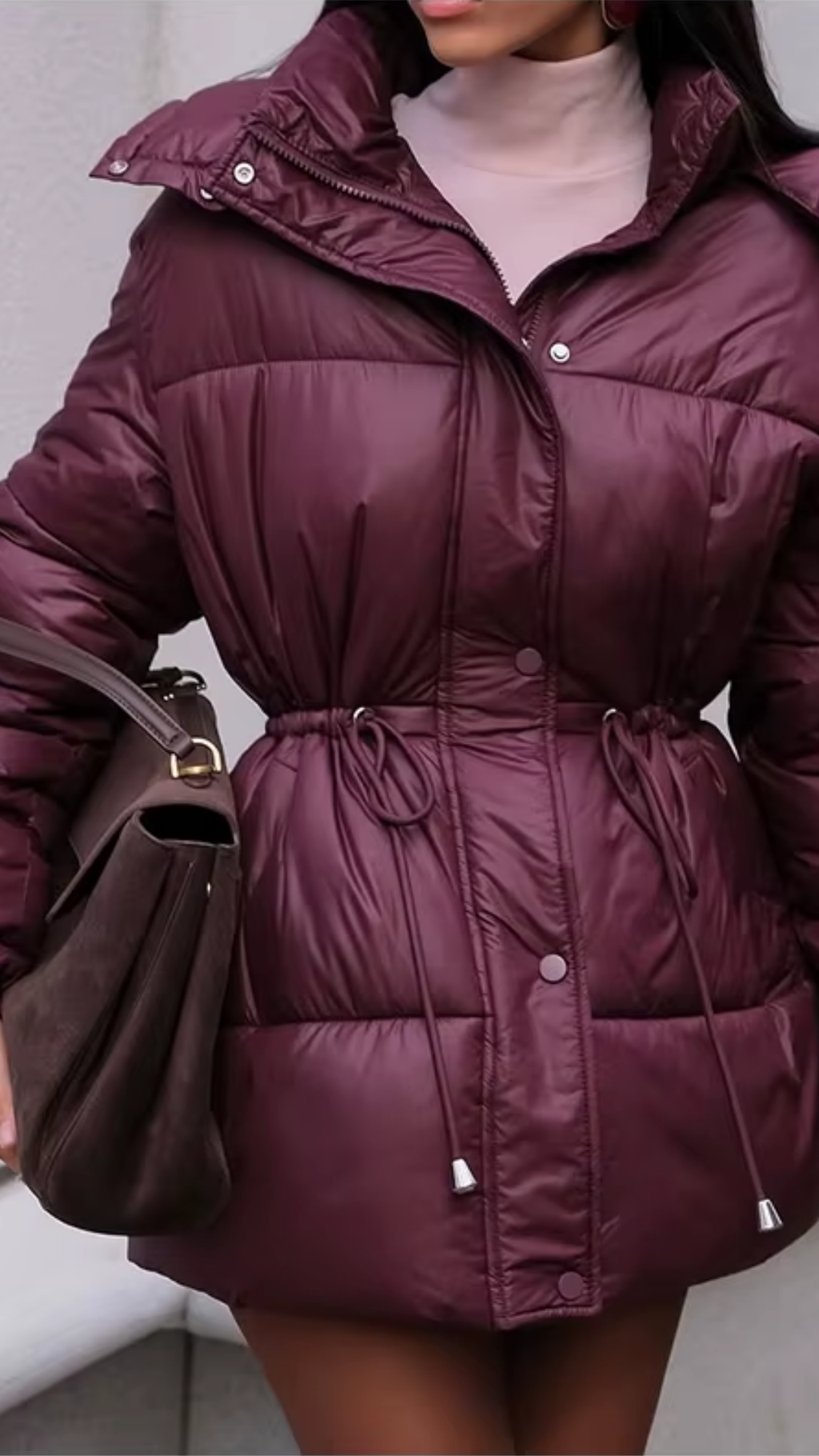 Glossy Hooded Waist-Cinching Puffer