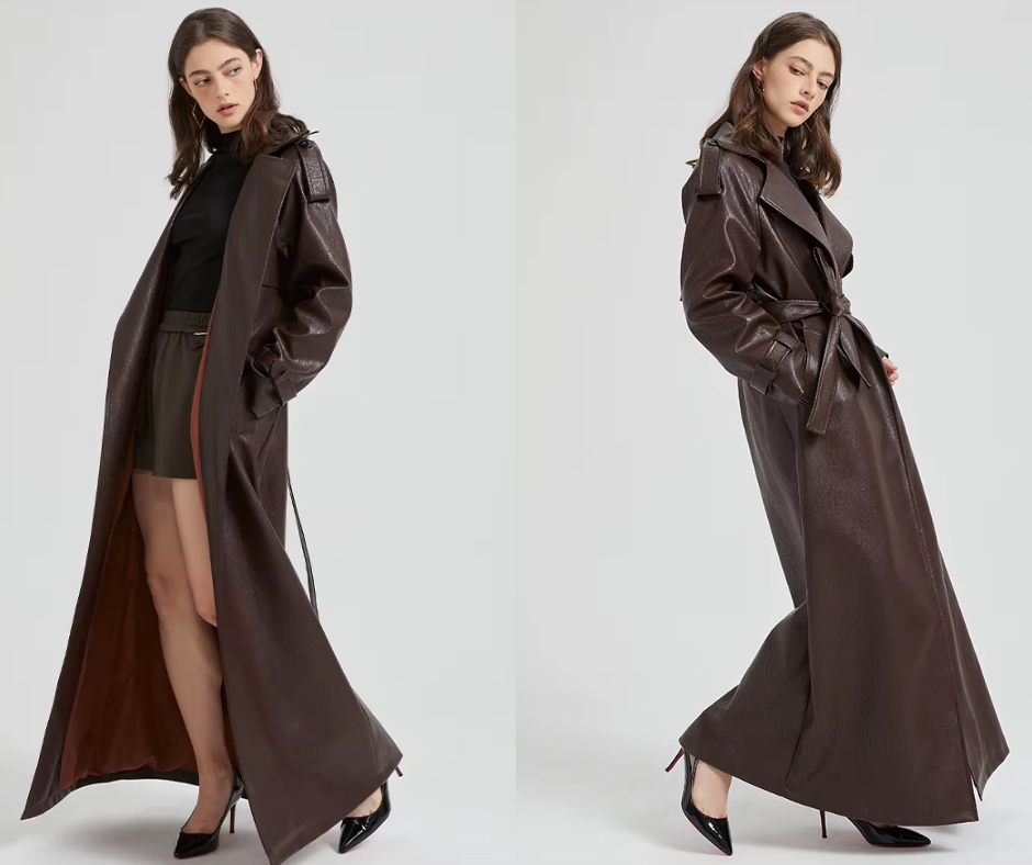 Long Faux Leather Trench Coat
