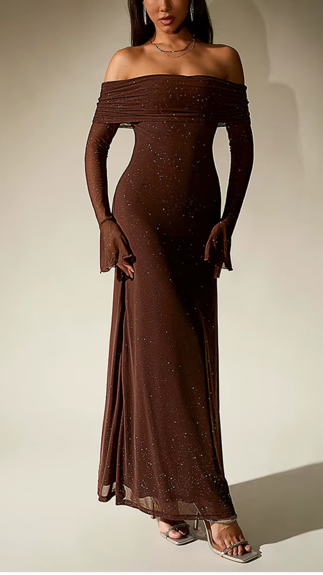 Brown Sequin Slash-Neck Maxi Dress