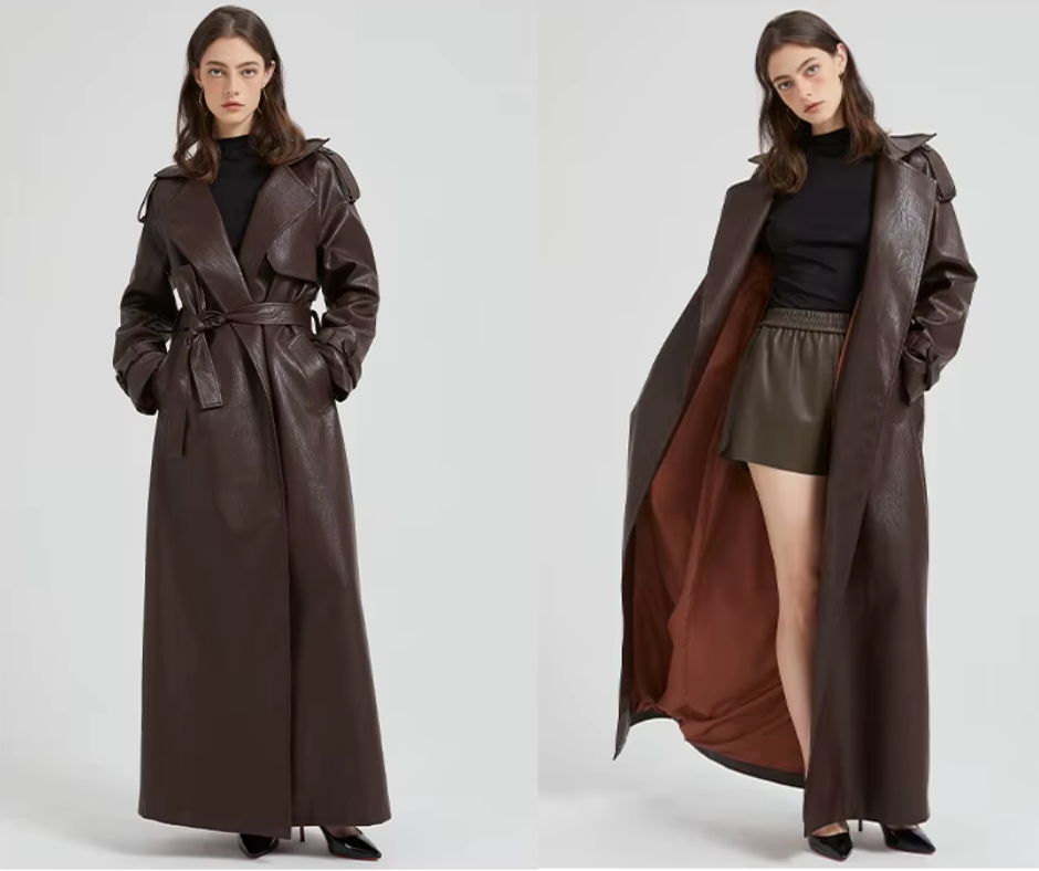 Long Faux Leather Trench Coat