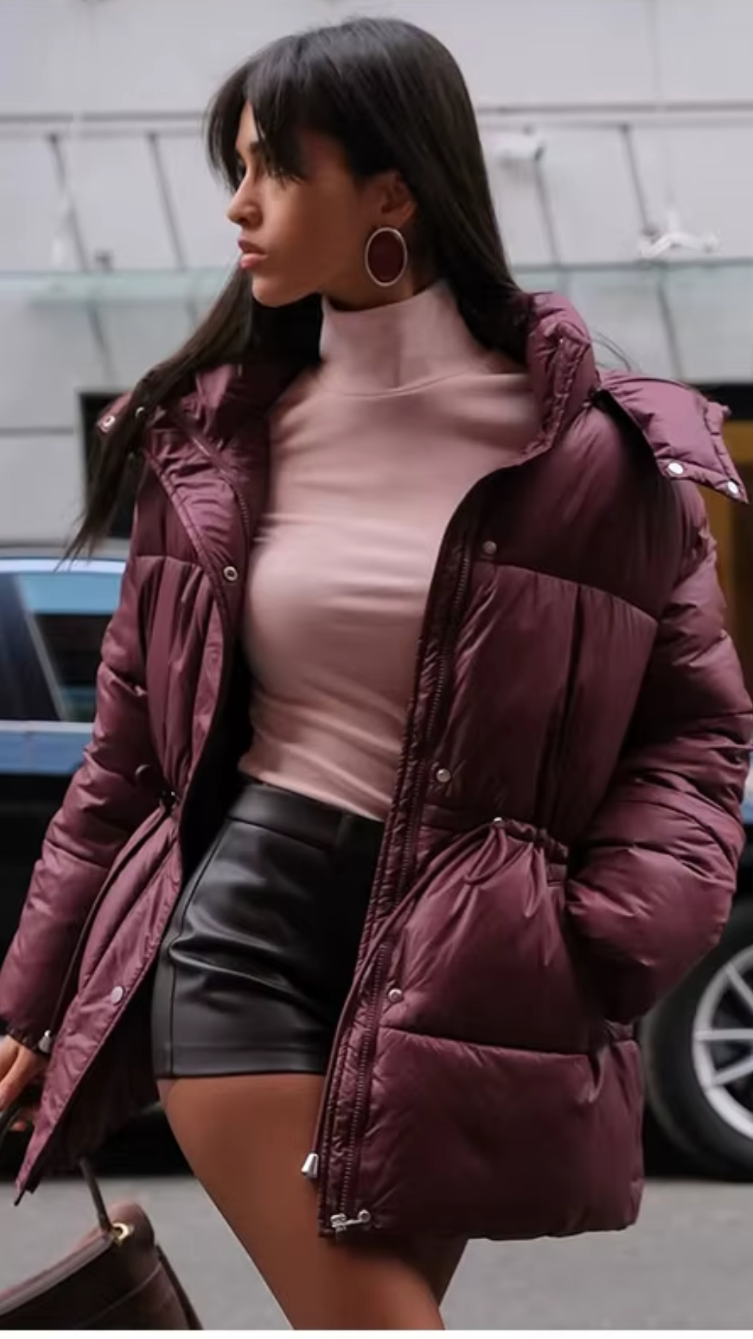 Glossy Hooded Waist-Cinching Puffer