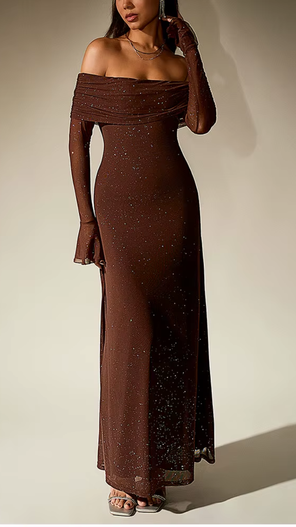 Brown Sequin Slash-Neck Maxi Dress