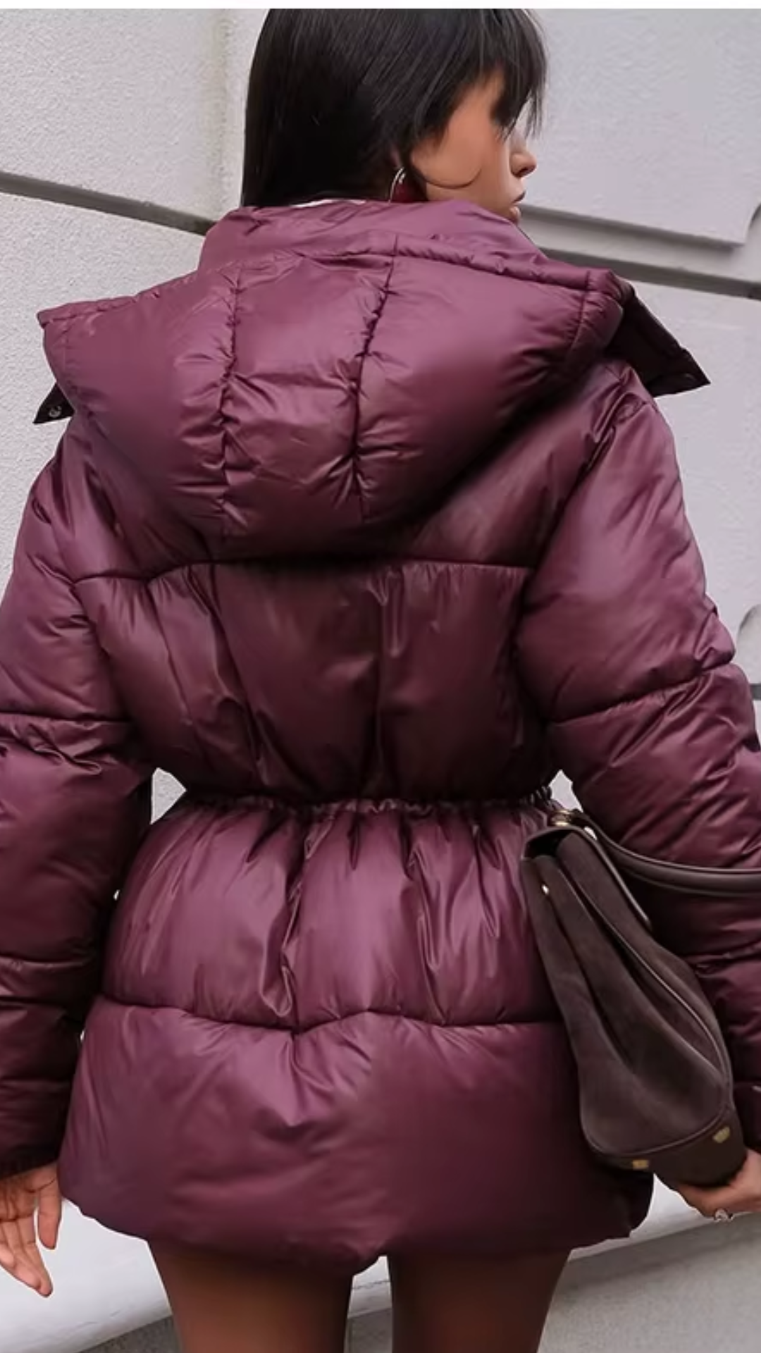 Glossy Hooded Waist-Cinching Puffer