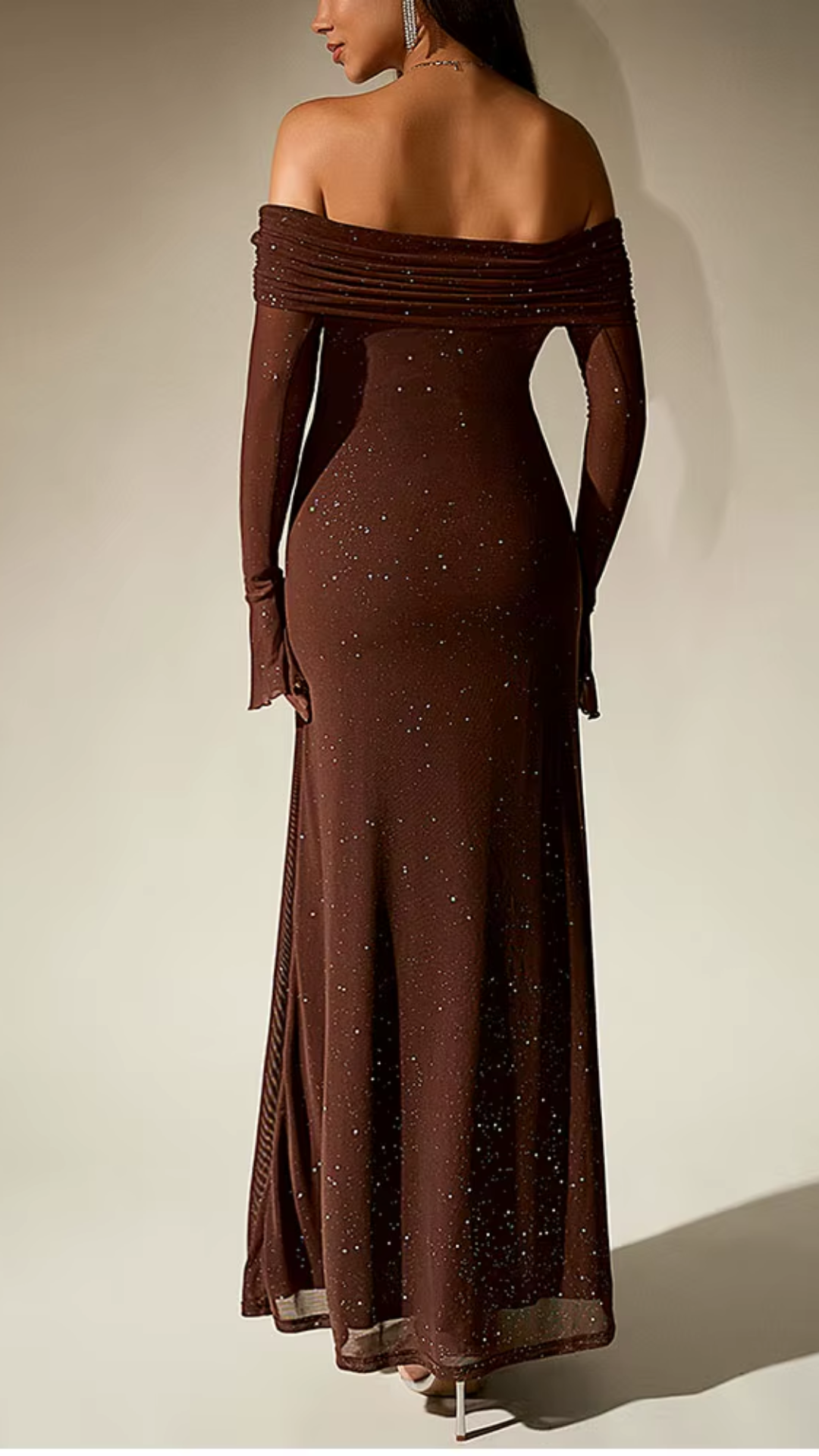 Brown Sequin Slash-Neck Maxi Dress