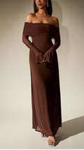 Brown Sequin Slash-Neck Maxi Dress