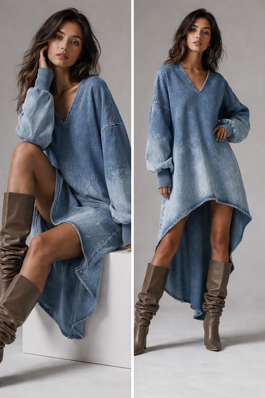Denim V-Neck Long Sleeve Mini Dress