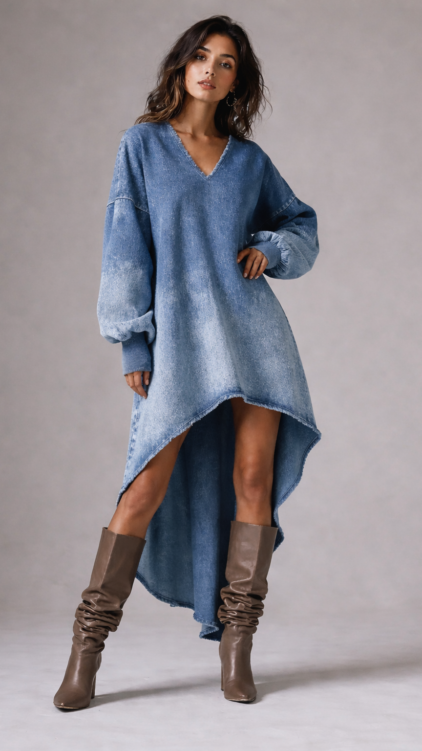 Denim V-Neck Long Sleeve Mini Dress