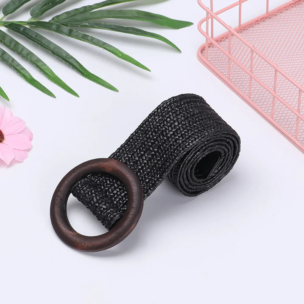 Women’s Straw Elastic Waist Belt with Wooden Buckle