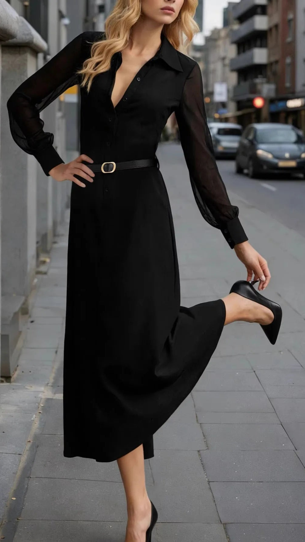 Black Mesh Sleeve Belted Midi Shirt Dress