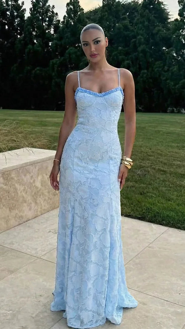 Light Blue Halter Backless Maxi Dress