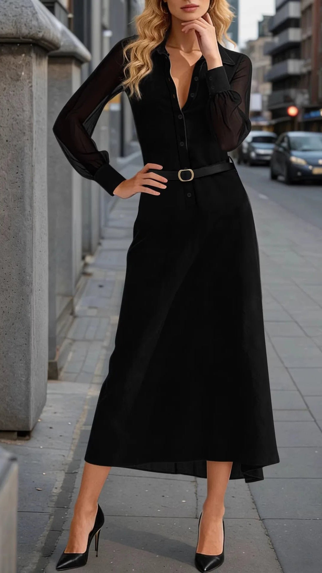 Black Mesh Sleeve Belted Midi Shirt Dress