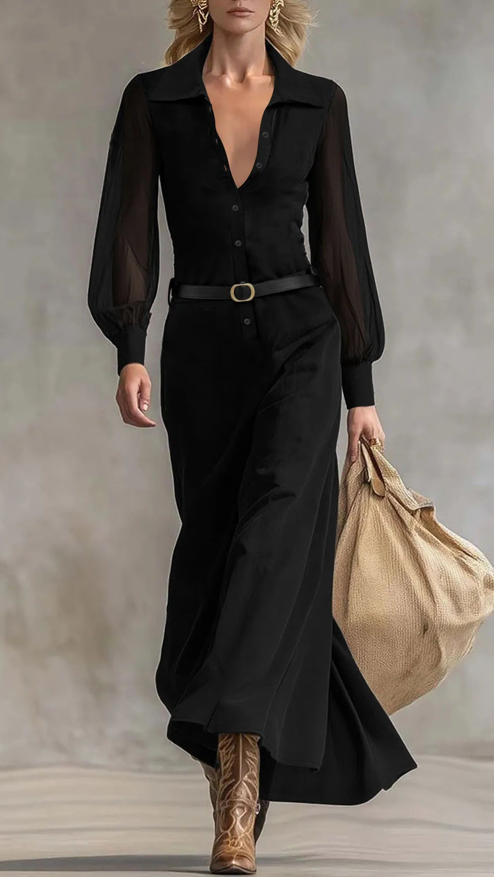 Black Mesh Sleeve Belted Midi Shirt Dress