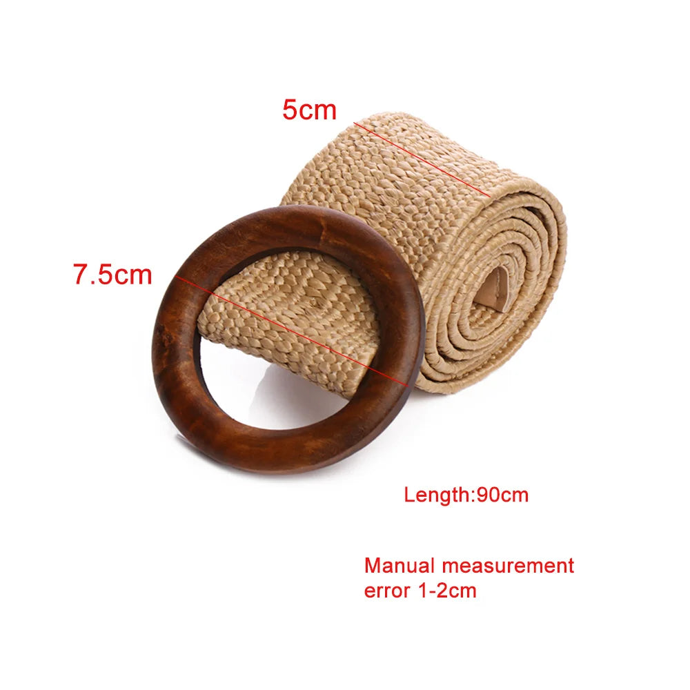 Women’s Straw Elastic Waist Belt with Wooden Buckle
