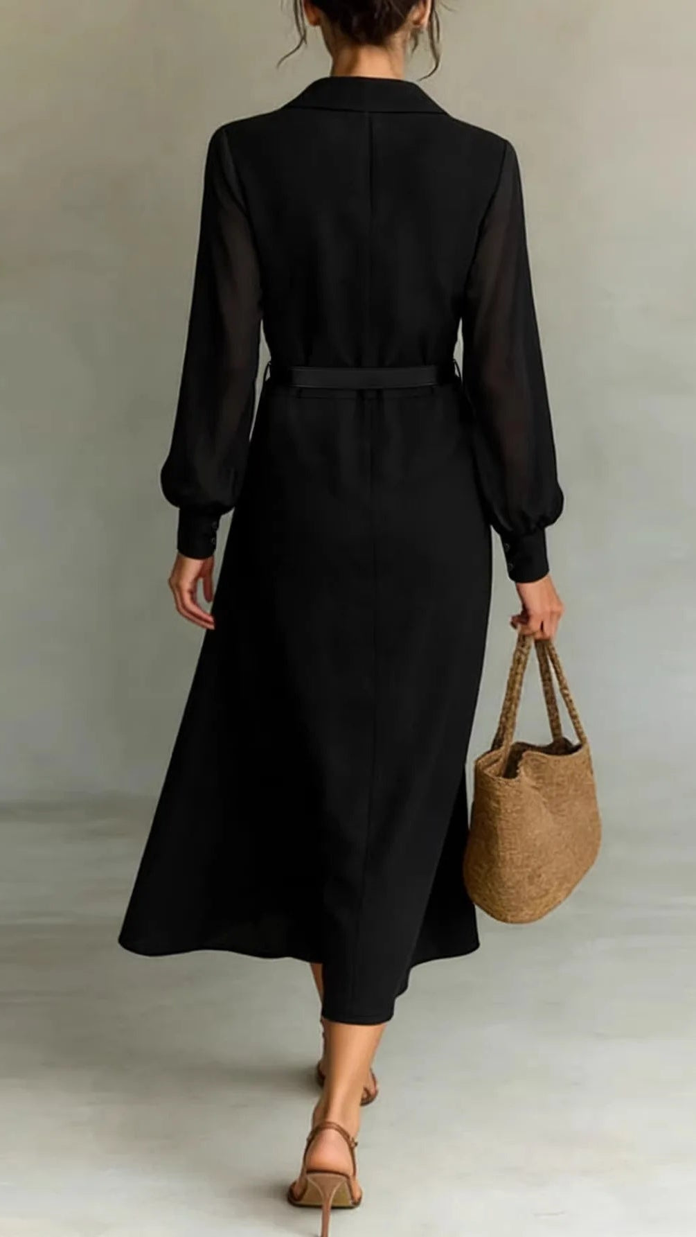 Black Mesh Sleeve Belted Midi Shirt Dress