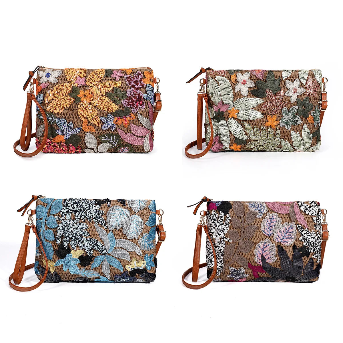 Embroidered Straw Clutch With Sequins