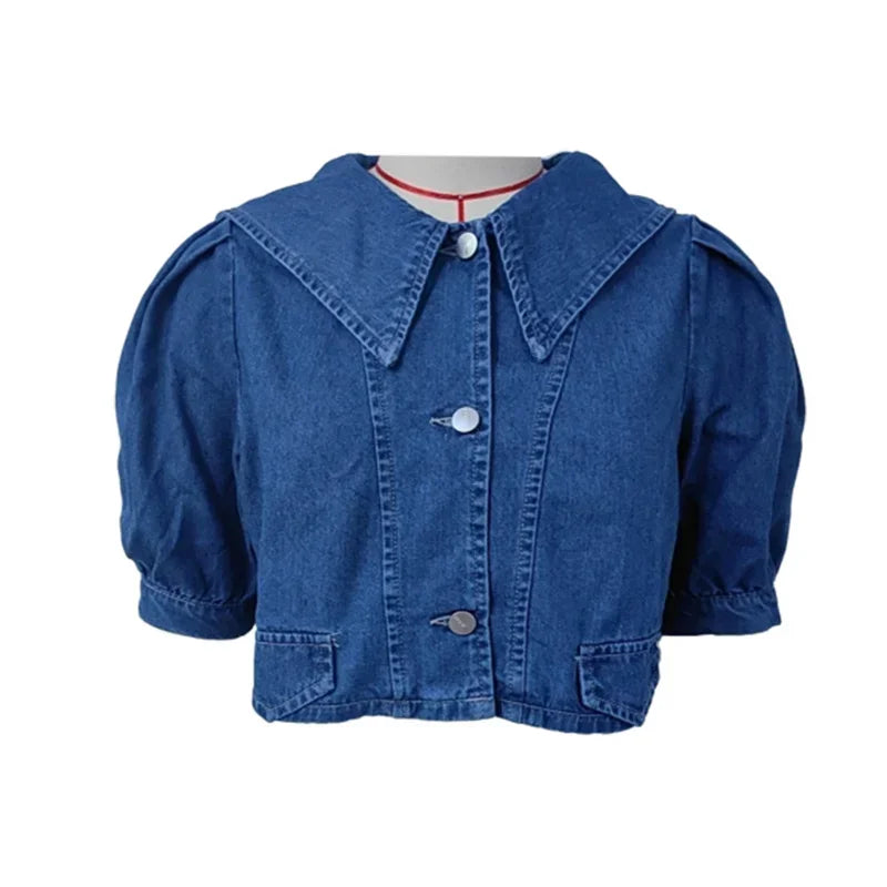 Blue Puff-Sleeve Knit Blazer with Sailor Collar