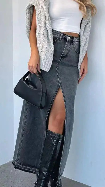 Midi Denim Skirt With Slith