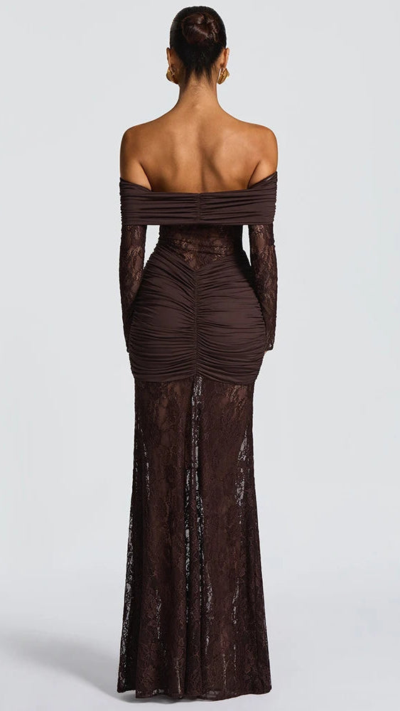 Elegant Strapless Backless A-Line Dress – Coffee