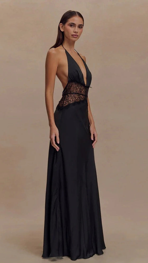 Satin Lace Halter Maxi Dress