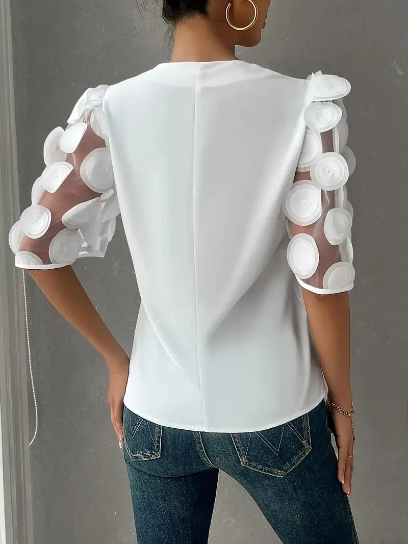 Lace Splice V-Neck Short Sleeve Blouse