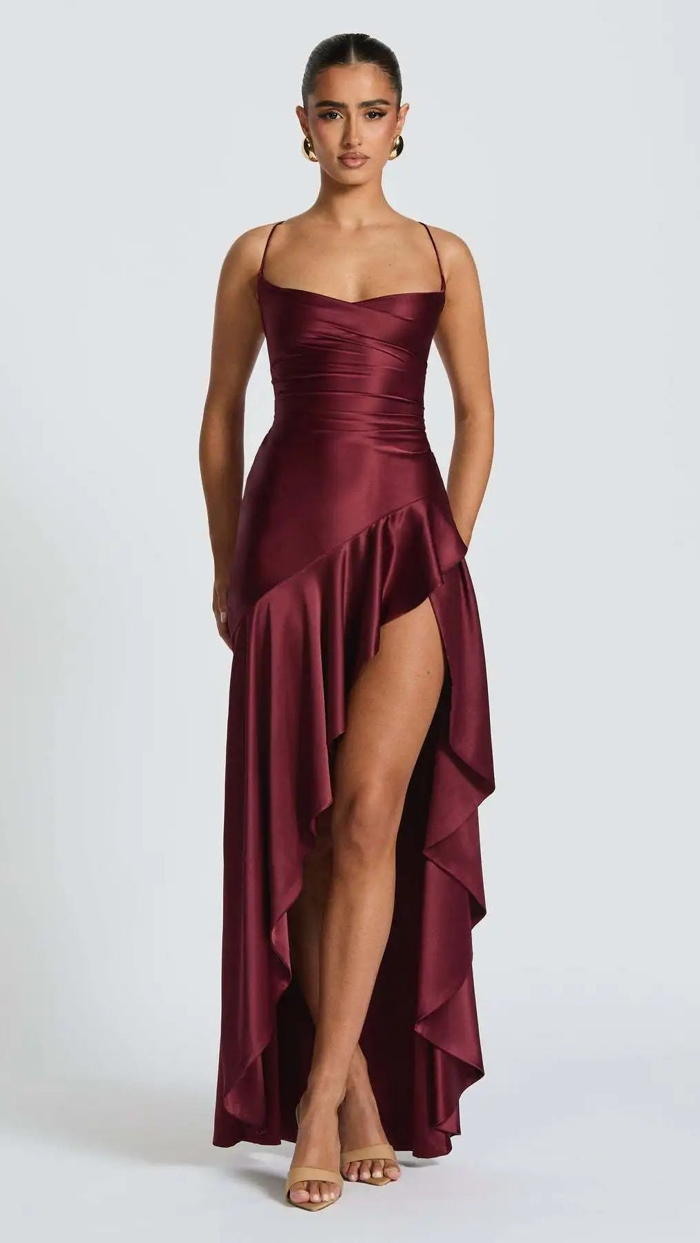 Satin Ruffle Backless Maxi Dress