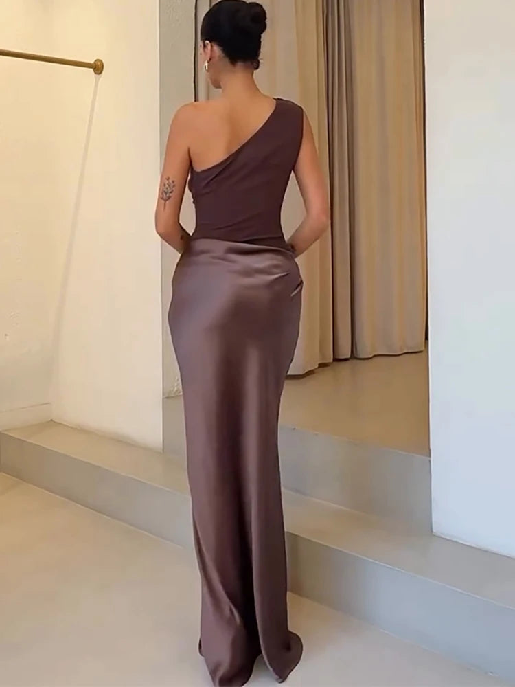 One Shoulder Women Maxi Dress Brown