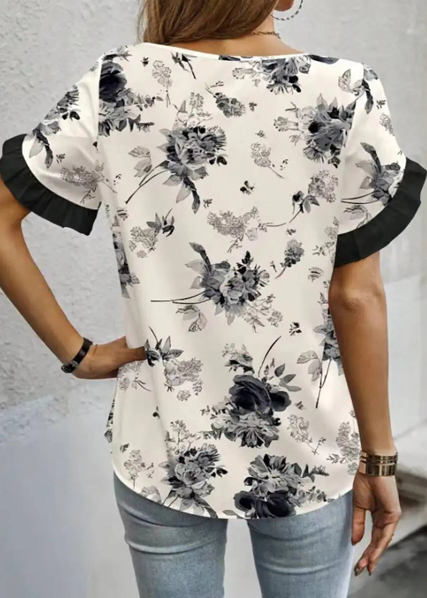 Floral Ruffle Sleeve Chiffon Blouse