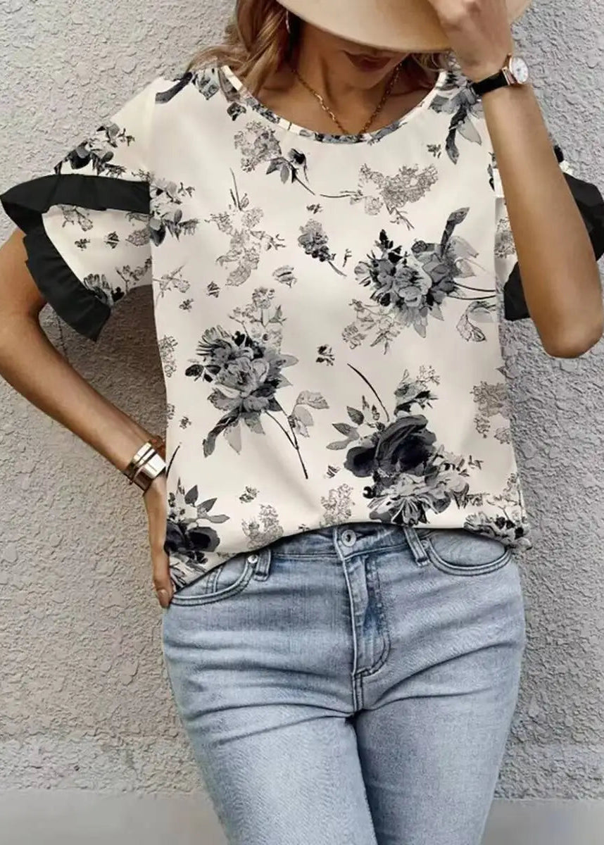 Floral Ruffle Sleeve Chiffon Blouse