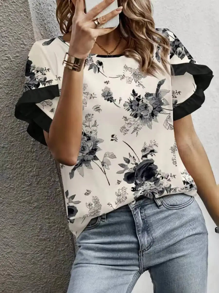 Floral Ruffle Sleeve Chiffon Blouse
