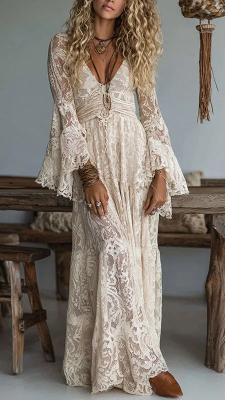 Embroidered Lace V-Neck Maxi Dress