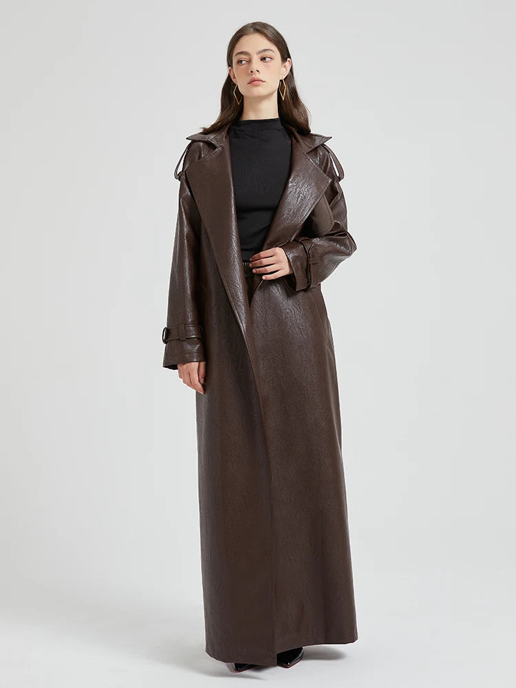 Long Faux Leather Trench Coat