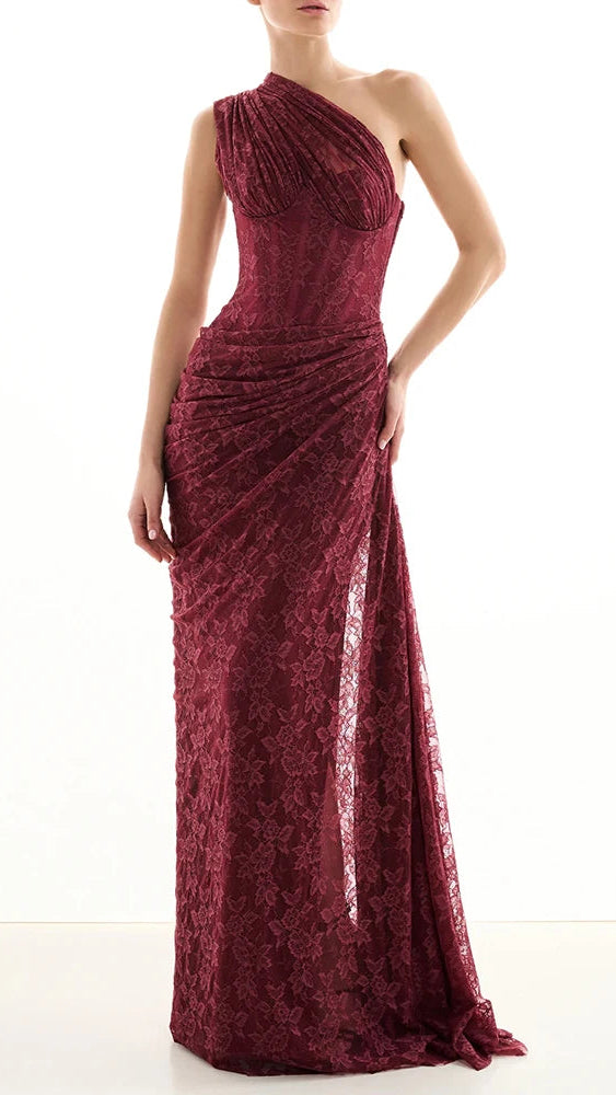 Burgundy One-Shoulder Lace Maxi Dress