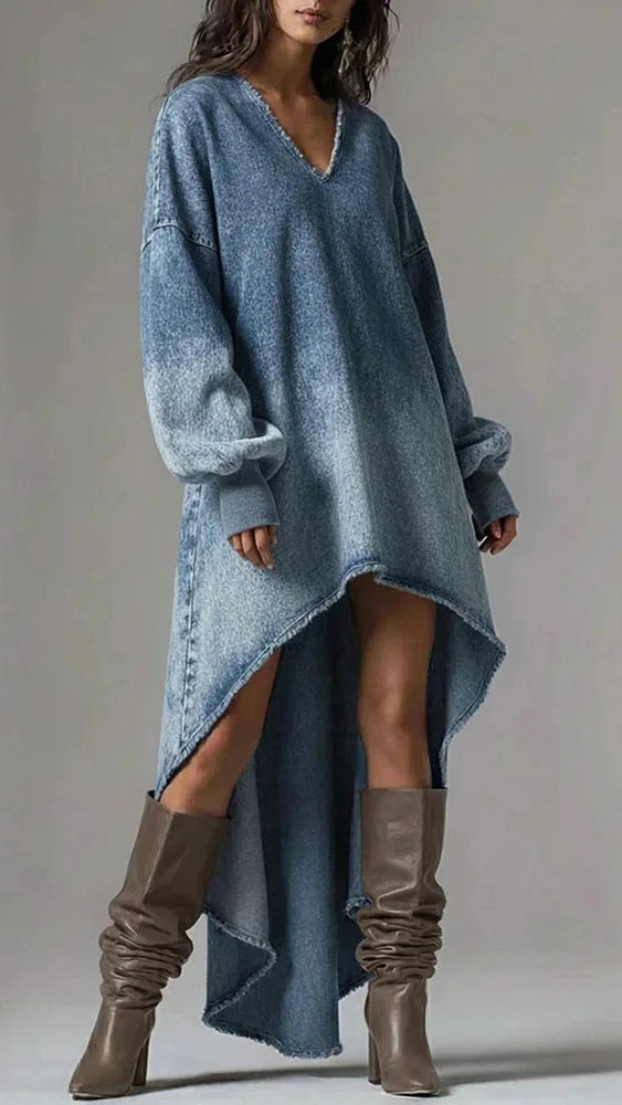 Denim V-Neck Long Sleeve Mini Dress