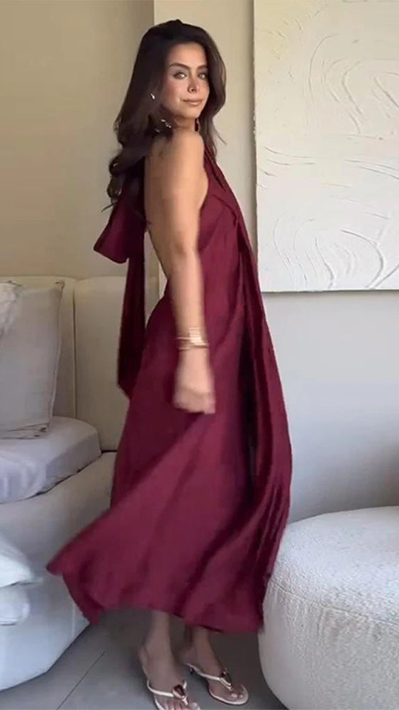 Wine Red Halter Split Maxi Dress