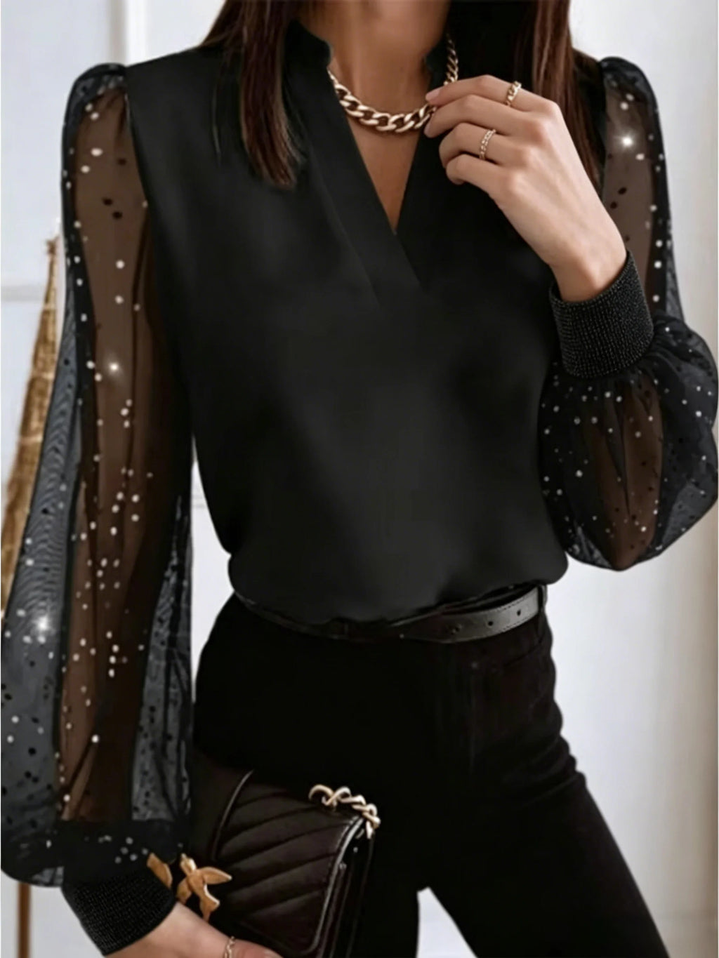 Black Mesh Sleeve Sequin Blouse