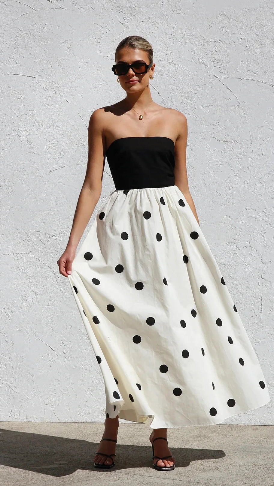 Polka Dot Strapless A-Line Maxi Dress