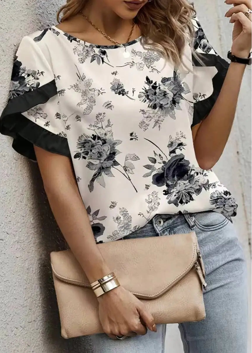 Floral Ruffle Sleeve Chiffon Blouse