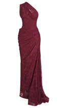 Burgundy One-Shoulder Lace Maxi Dress