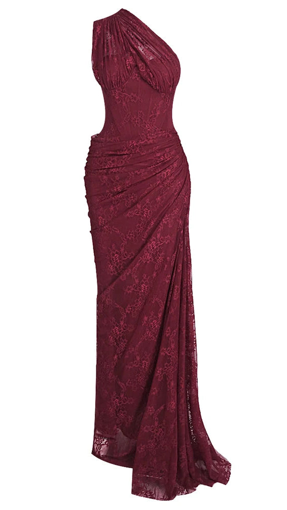 Burgundy One-Shoulder Lace Maxi Dress