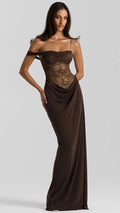 One Shoulder Brown Lace See-Through Backless