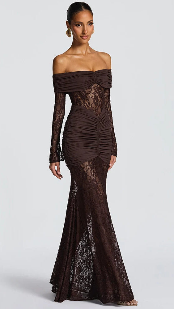 Elegant Strapless Backless A-Line Dress – Coffee