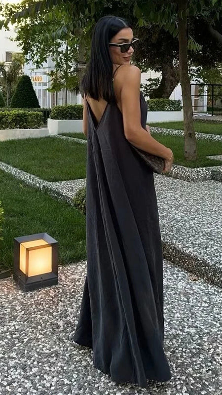 Backless V-Neck Spaghetti Strap Dress – Black