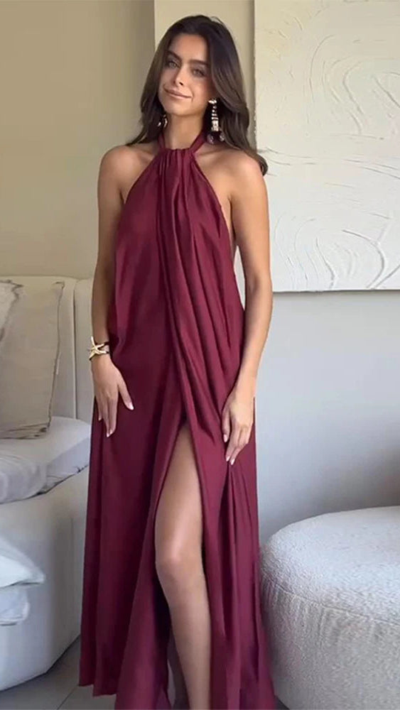 Wine Red Halter Split Maxi Dress