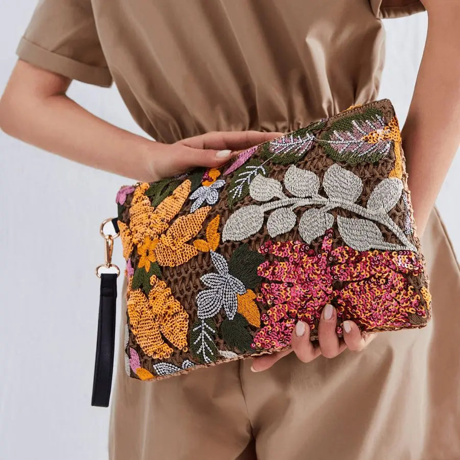 Embroidered Straw Clutch With Sequins
